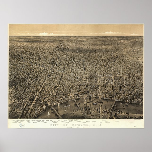Newark New Jersey 1874 Antique Panoramabalkarte Poster (Vorne)