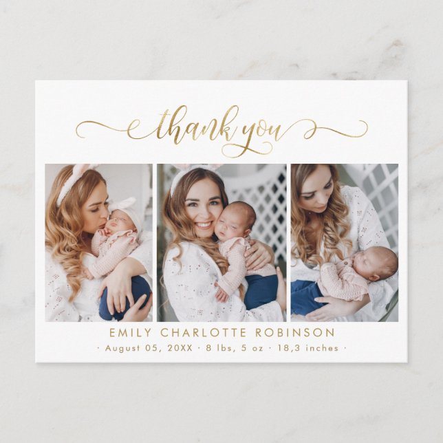 Newborn Foto Collage Modern Gold Script Vielen Dan Postkarte (Vorderseite)