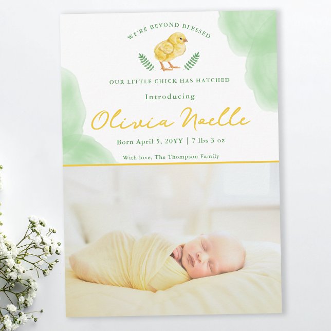 Newborn Spring Baby Photo Announcement With Chick Karte (Von Creator hochgeladen)