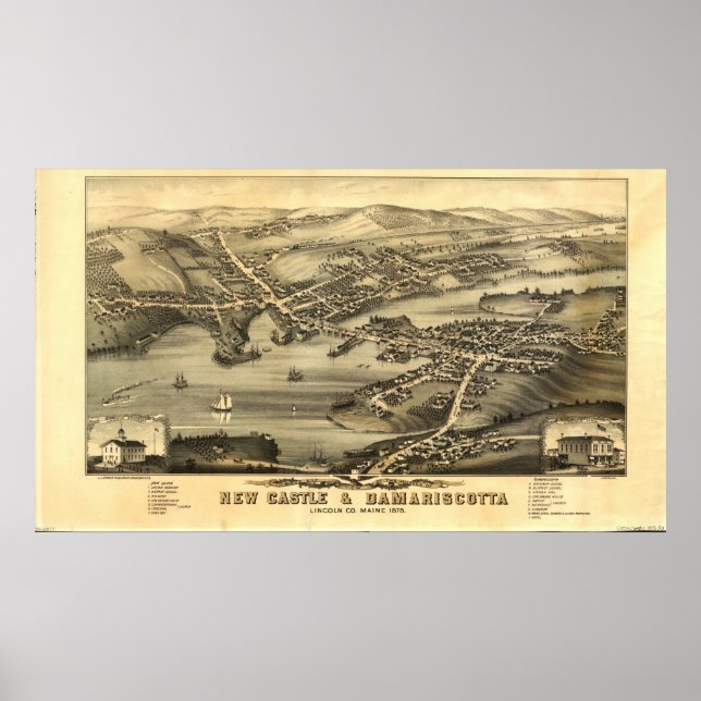 Newcastle & Damariscotta Maine 1878 Panoramakarte Poster (Vorne)