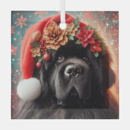 Newf in Extravaganter Weihnachtsmannmütze Ornament Aus Glas
