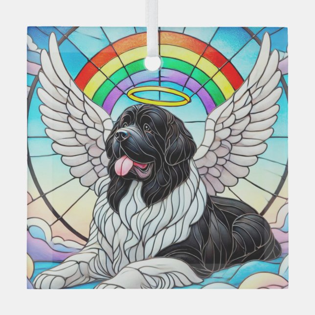 Newf Landseer Angel unter Rainbow Glass Ornament Aus Glas (Vorderseite)