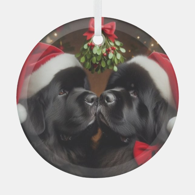 Newfides under Mistletoe Kiss Ornament Aus Glas (Vorderseite)
