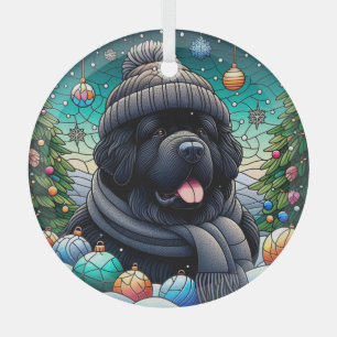 Newfie in Beanie Glass Round Ornament Aus Glas