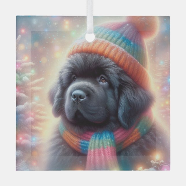 Newfie Pup Winter Square Ornament Aus Glas (Vorderseite)