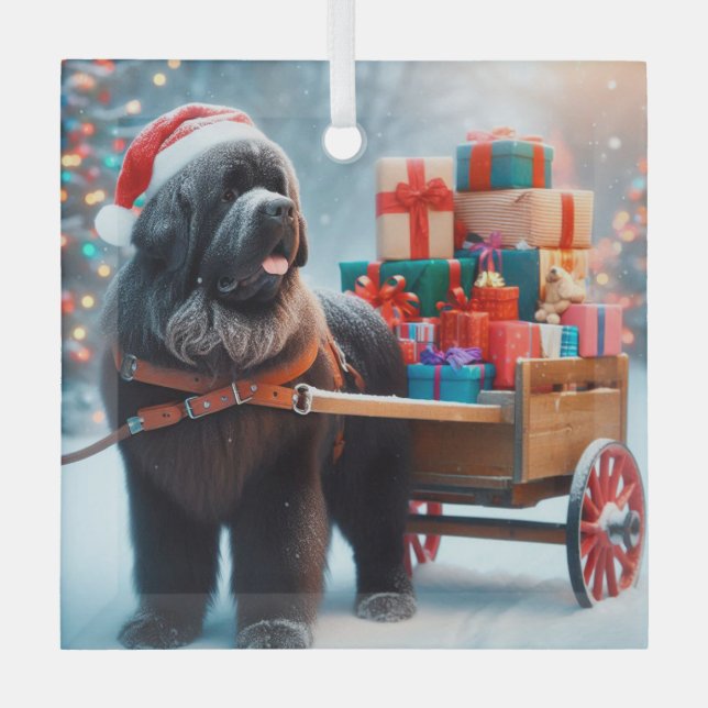 Newfie Santa With a Cart Full of Gifts Ornament Aus Glas (Vorderseite)