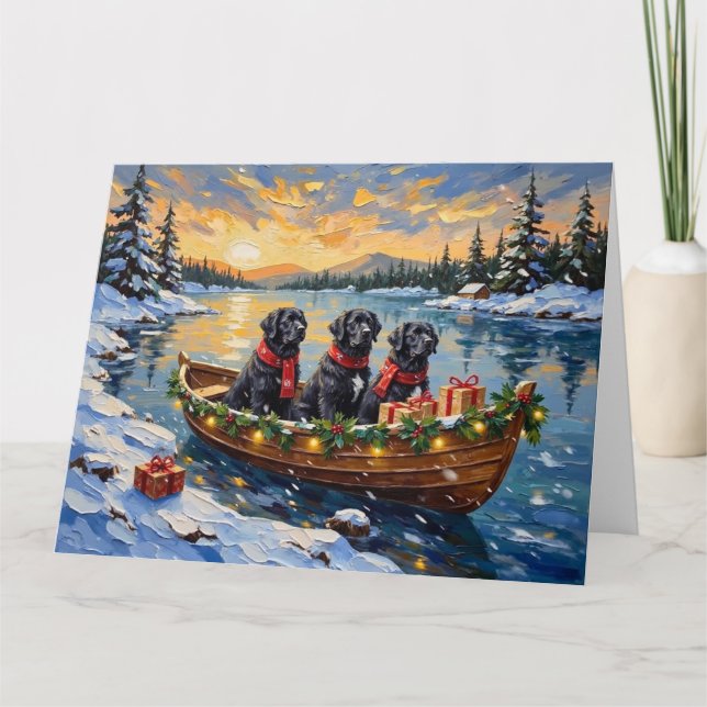 Newfoundland Dog Christmas Boat Holiday Karte (Vorderseite)