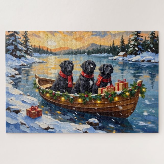 Newfoundland Dog Christmas Boat Holiday Puzzle (Horizontal)