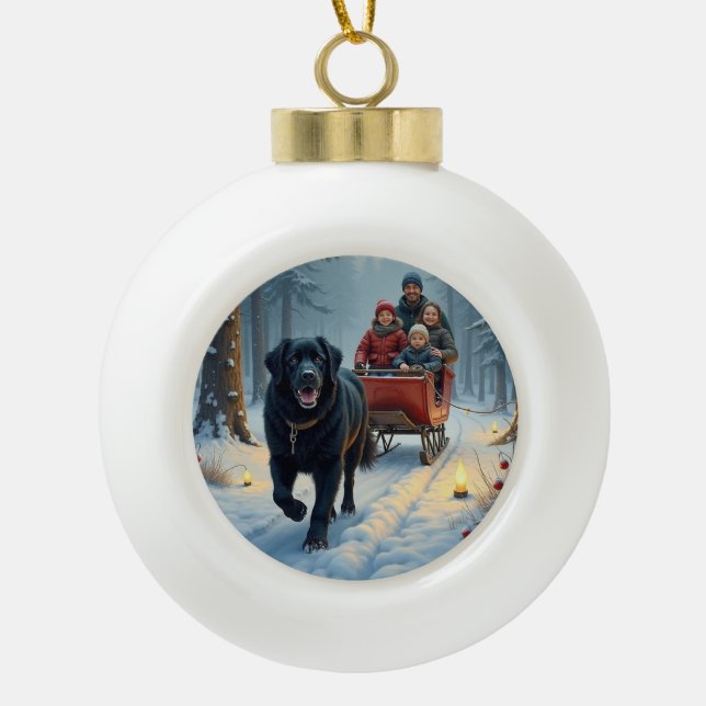 Newfoundland Dog Snowy Sleigh Ride Christmas Keramik Kugel-Ornament (Vorderseite)