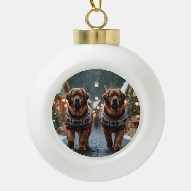 Newfoundland Dogs Christmas Snow Holiday Keramik Kugel-Ornament (Vorderseite)