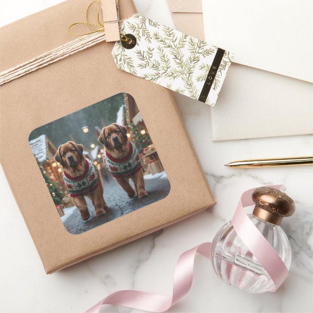 Newfoundland Dogs Christmas Snow Holiday Quadratischer Aufkleber (Schenken)