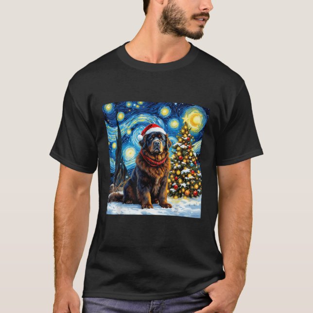 Newfoundland Starry Night Christmas Van Gogh Dog S T-Shirt (Vorderseite)