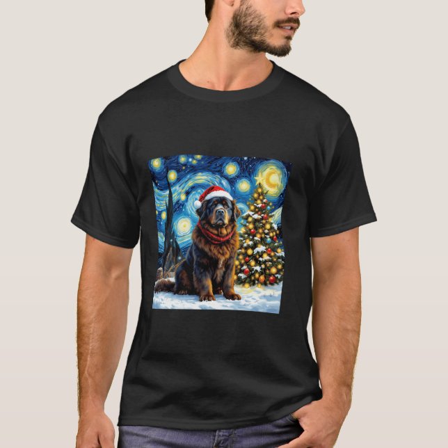 Newfoundland Starry Night Christmas Van Gogh Dog S T-Shirt (Vorderseite)