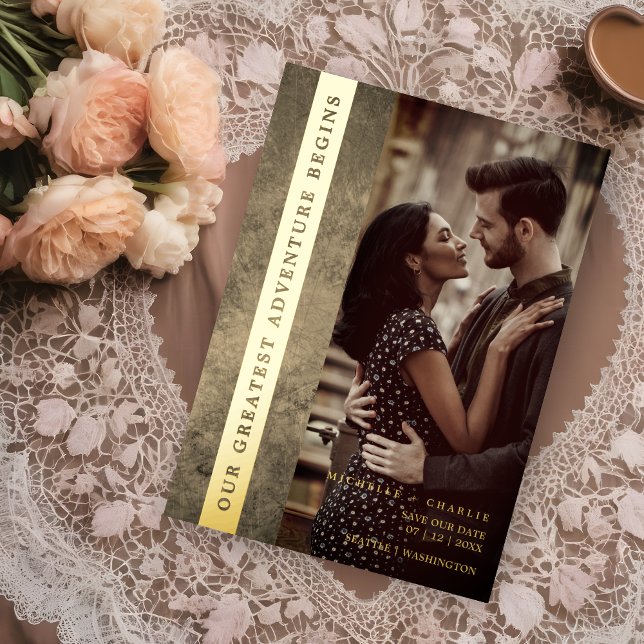 Newly Engaged Wedding Modern Grunge Romantic Photo Folieneinladung (Golden Newly Engaged Wedding Modern Grunge Romantic Photo Real Metallic Foil Save the Date Card.)