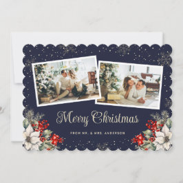 Newlywed 2 Photo Botanical Blue Merry Christmas Feiertagskarte