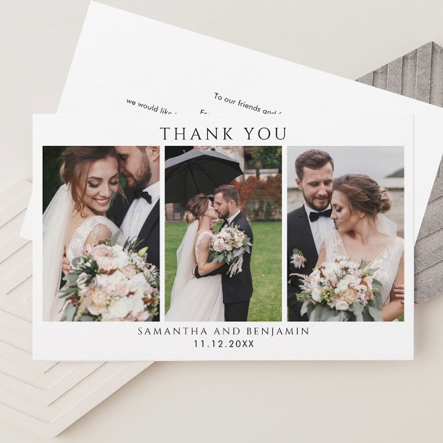 Newlyweds 3 Foto Wedding Vielen Dank Briefpapier (Elegant Wedding 3 Photos Thank You Horizontal Card)