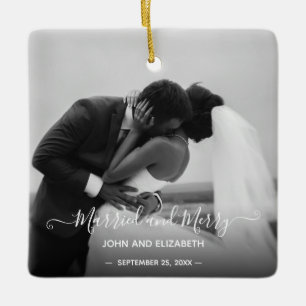 Newlyweds Couple First 2 Foto Mr. and Mrs Simple Keramikornament