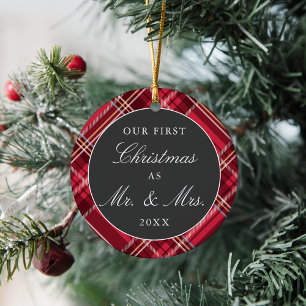 Newlyweds First Christmas Tartan FOTO Keramik Ornament