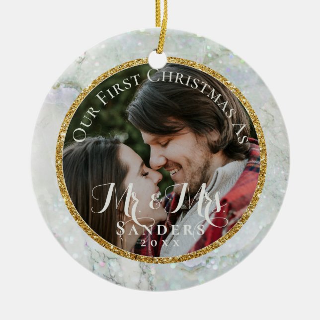 Newlyweds Foto Gold Glitzer Marble Weihnachtsbaum Keramik Ornament (Vorne)
