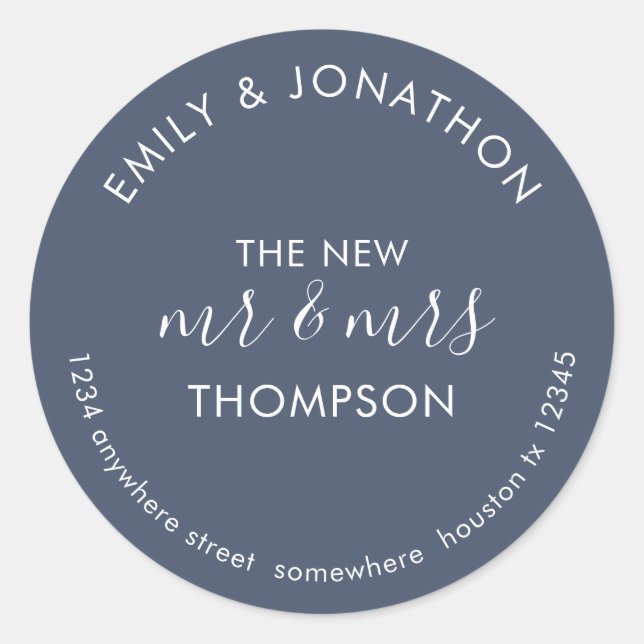 Newlyweds geben Name Adresse Dusty Navy Blue zurüc Runder Aufkleber (Vorderseite)