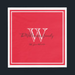 Newlyweds Gift Monogram Name Script Red Paper Serviette<br><div class="desc">Newlyweds Gift Monogram Name Script Red Paper Napkins. Die Standardgröße für das Mittagessen ist nur verfügbar. Personalisiertes, weißes Monogramm-Design mit dem Nachnamen und dem Datum der frisch verheirateten Braut und Bräutigam, das in schwarzer Schrift auf einem reichhaltigen roten Hintergrund gedruckt wurde. Ein einzigartiges Geschenk für Neuvermählte. Lieblich für ihr neues...</div>