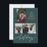 Newlyweds Gold Christmas Tree 3 Foto Collage Karte<br><div class="desc">Elegante moderne 3-Foto-Collage (zwei Porträts und eine landschaftsorientierte) Wintersaison neue Mr. und Mrs. Greetings-Karte mit einem kleinen handgezeichnet kupfer-metallischen Weihnachtsbaum und einem extravaganten taupe grauen "Happy Holidays" Kalligraphie-Skript auf dunkelblauem Jäger-grünem Hintergrund.          Persönlich mit drei Fotos,  Text und Signatur auf der Rückseite.</div>