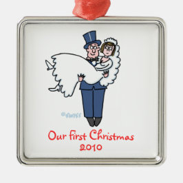 Newlywings First Christmas Together Cartoon Silbernes Ornament