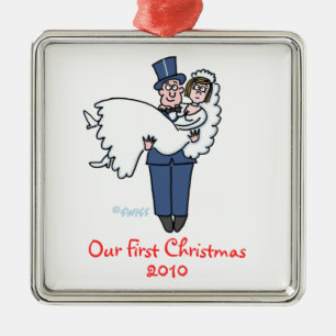 Newlywings First Christmas Together Cartoon Silbernes Ornament