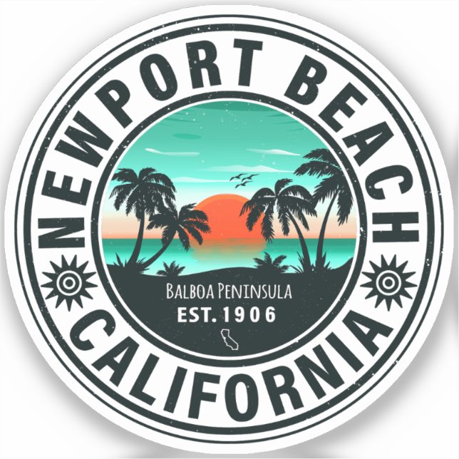 Newport Beach California Retro Sunset Vacation 80e Aufkleber (Vorderseite)