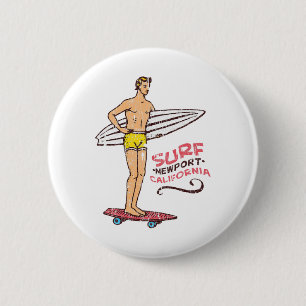 Newport Beach Surf Vintage Retro Surfbrett 60er 70 Button