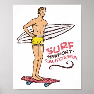 Newport Beach Surf Vintage Retro Surfbrett 60er 70 Poster