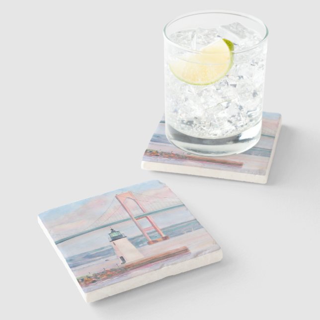 Newport Bridge und Goat Island Lighthouse Unterset Steinuntersetzer (Seitenansicht)