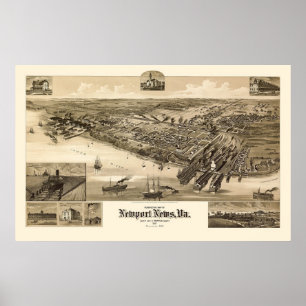Newport News, VA Panoramic Karte - 1891 Poster