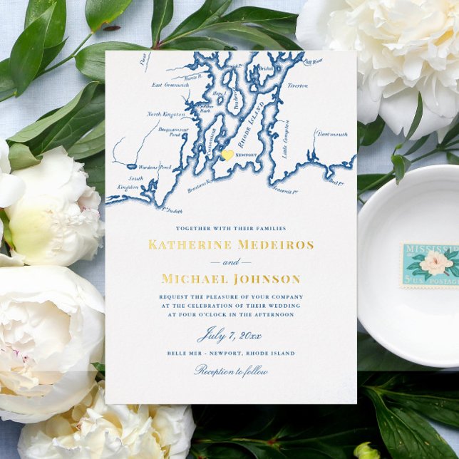 Newport Rhode Island Elegant Navy Blue Wedding Folieneinladung (This Newport RI gold foil invitation is perfect for your navy blue and gold destination wedding)
