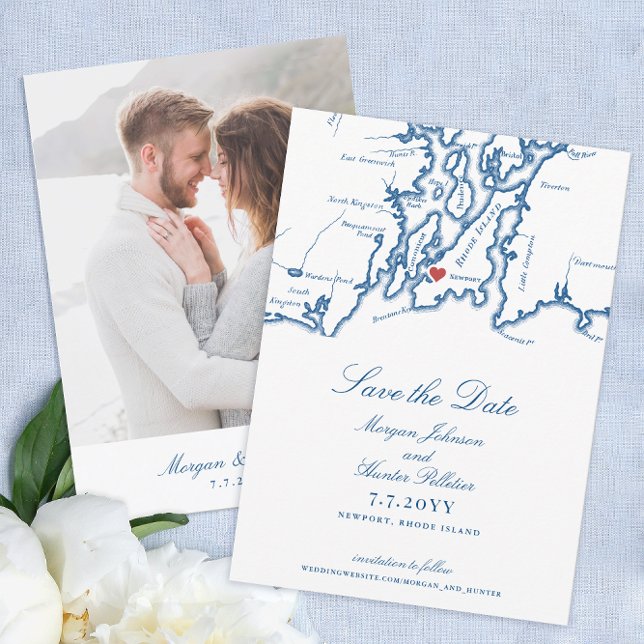 Newport Rhode Island Elegant Navy Blue Wedding Save The Date (Newport RI Map Wedding Save the Date with Photo in elegant navy blue from Coastal Map Designs)