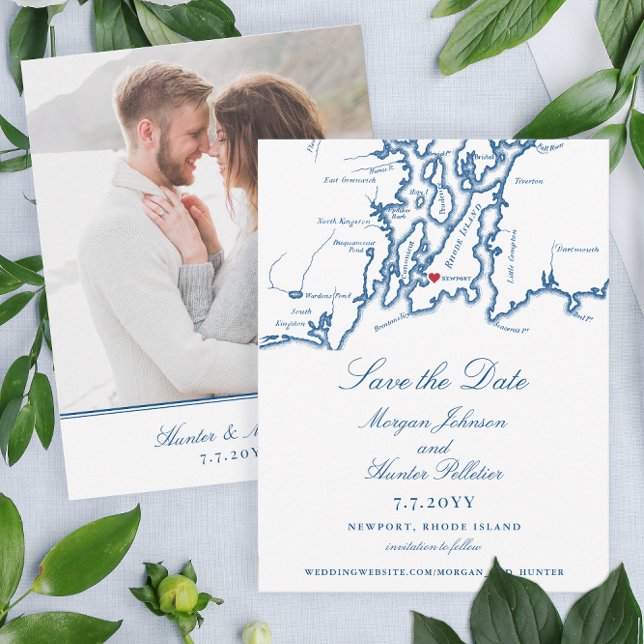 Newport Rhode Island Elegant Navy Hochzeit Save The Date (These elegant Newport Rhode Island save the dates have a map of Narragansett Bay and a photo back.)
