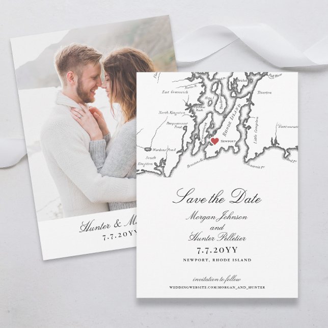 Newport Rhode Island Elegante Schwarz-weiße Hochze Save The Date (Newport RI Map Save the Date for an Elegant Black and White Wedding with Photo Back from Coastal Map)