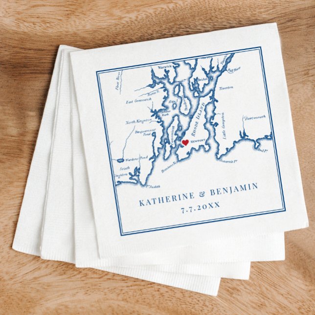 Newport Rhode Island Map Navy Elegant Wedding Serviette (These Newport, RI napkins are perfect for your Newport destination wedding in Narragansett Bay)