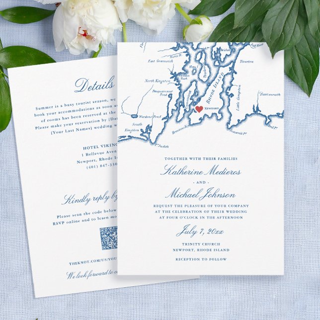 Newport RI Map All-in-One QR Code UAWG Wedding Einladung (Newport RI all-in-one wedding invitation with QR code RSVP and details on the back in elegant navy )