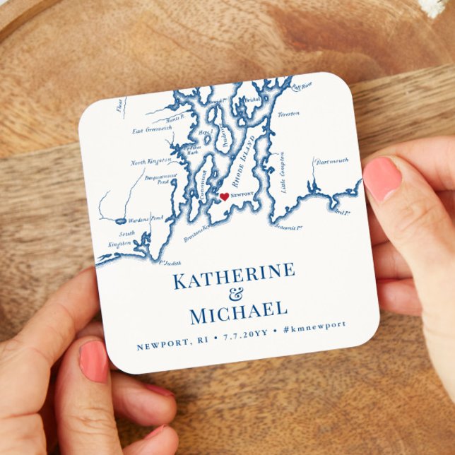 Newport RI Wedding Welcome Party Cocktail Hour Rechteckiger Pappuntersetzer (Newport RI Map Personalized Wedding Drink Coasters in elegant Navy Blue from Coastal Map Designs)
