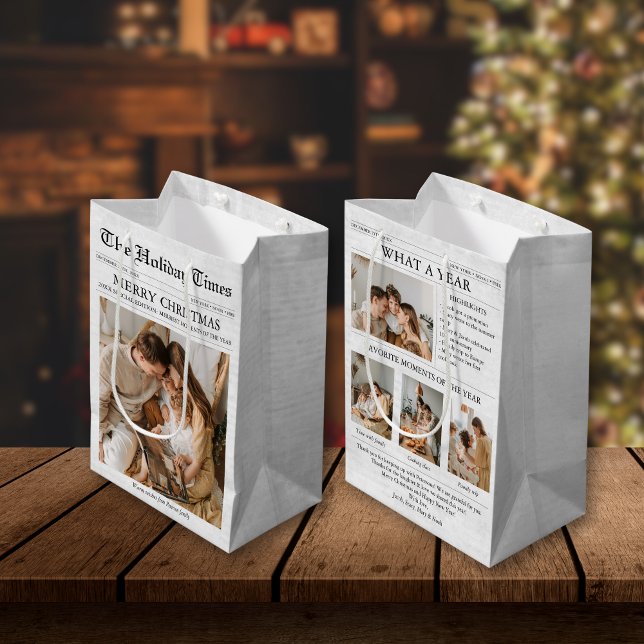 Newsletter der Zeitung Weihnachten FotoCollage Mittlere Geschenktüte (Christmas Newspaper Custom Gift Bag with Photos)