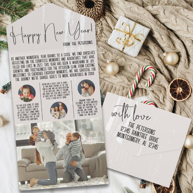 Newsletter "Modernes Jahr" mit Foto Keepake All In One Einladung (happy new year year in review family newsletter modern script typography photo keepsake card)