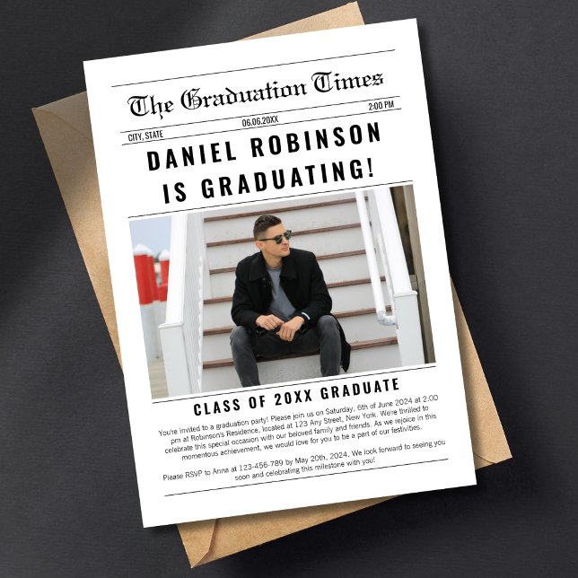 Newspaper Graduate Foto Stilvolle Abschluss 2024 Einladung (newspaper graduation party invitation stylish classic photo grad invite for him)
