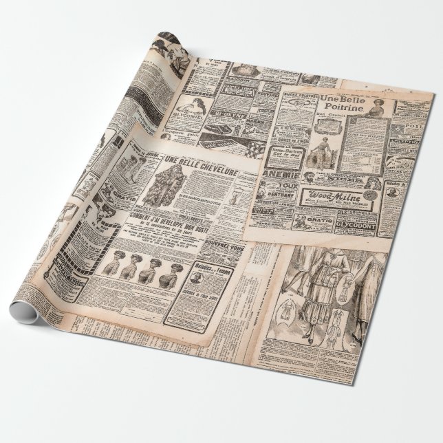 Newspaper seiten with antique advertising. Woman’s Geschenkpapier (Ungerollt)