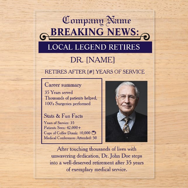 Newspaper Style Doctor Retirement Card | Custom Acryleinladungen (Vorderseite)