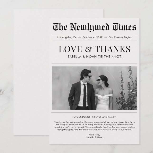 Newspaper Style Newlywed Wedding Thank You Dankeskarte (Vorne/Hinten)
