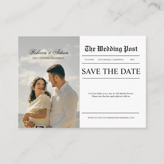 Newspaper Style Photo Wedding Save The Date  Begleitkarte (Vorderseite)