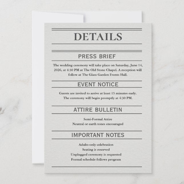 Newspaper-Style Wedding Details Card (Vorderseite)
