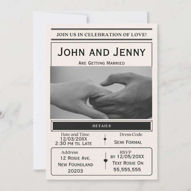 Newspaper-Style Wedding Invitation | Customisable  Einladung (Vorderseite)