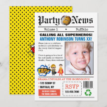 Newspaper Superhero Birthday Party Foto Einladung